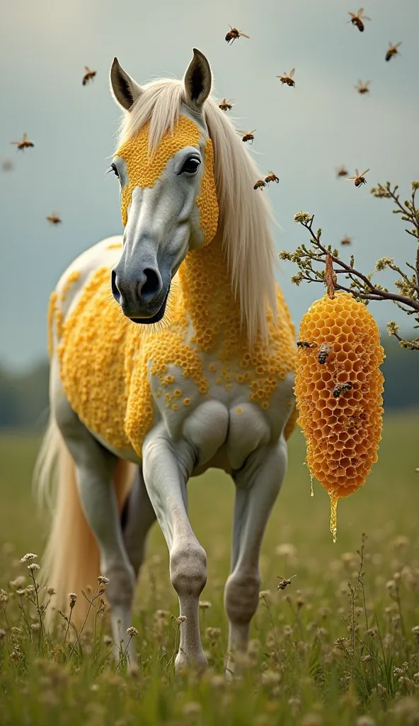 A majestic white horse standing in a lush green field, partially covered in honeycomb, with bees swarming around its face and mane. The horse looks calm and serene, as if in harmony with nature. The honeycomb is golden and dripping with honey, attached to ...