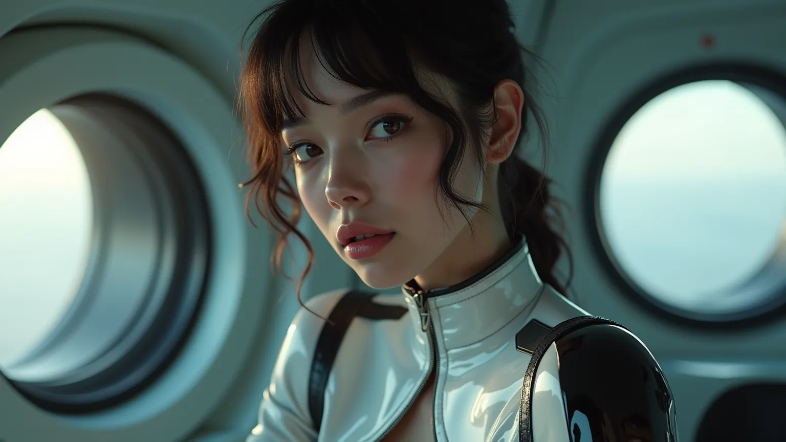 Ultra-realistic portrait of a beautiful young woman with deep brown eyes and full lips, sitting inside a futuristic spaceship cabin with glowing circular windows. She wears a tight, glossy white bodysuit with black latex accents on the shoulders and arms, ...