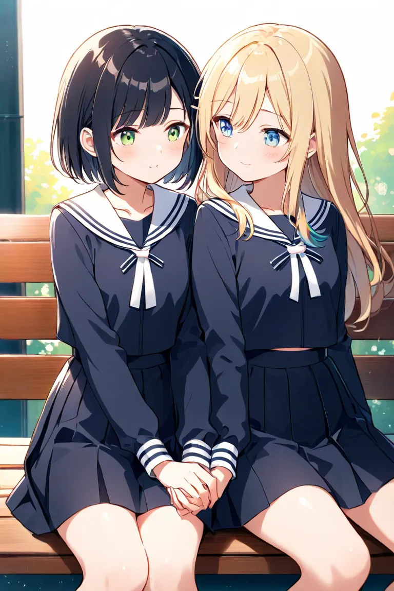 Two girls（long hair、blond hair、 green eyes、Fleeting、A pair of ribbons on the left and right on the hair、 sleep 、Lean on your shoulders 、peace of mind、peace）、（short hair、 black hair、 blue eyes、Rin々Shii、Compassion）、Under the sunset sky、 hold hands、 sailor su...