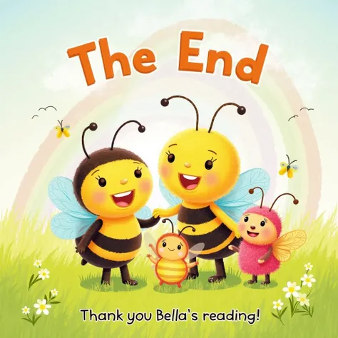 "A warm illustration depicting Benny the Bee and Bella the Butterfly alongside their insect friends in a cheerful group pose, all smiling happily. The background shows a sunny meadow with a rainbow arching across the sky. At the top, it reads 'The End' in ...