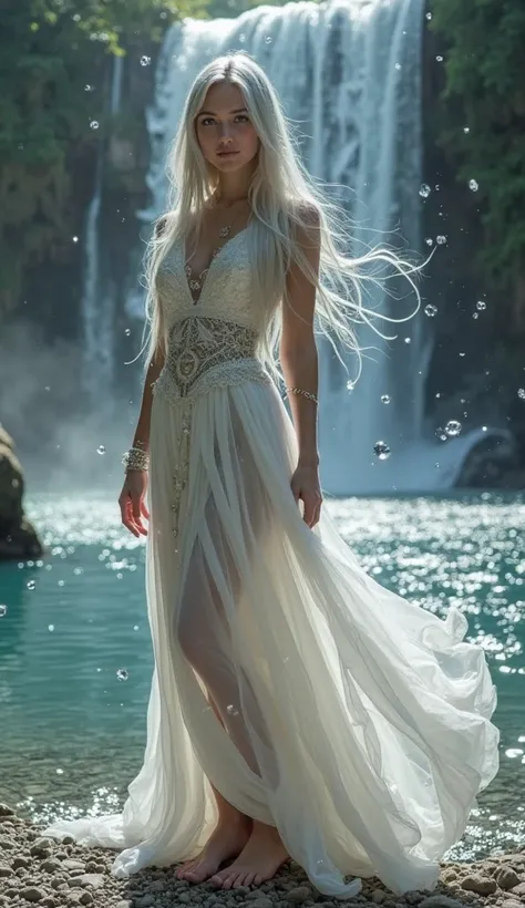 River with a waterfall Silver straight hair smooth and fluttering in the wind Goddess fairies fly around with sparkling crystals Blue eyes Albino goddess's dress is decorated with lace, ribbons, and jewels, half up, super high resolution, fantastic sideway...