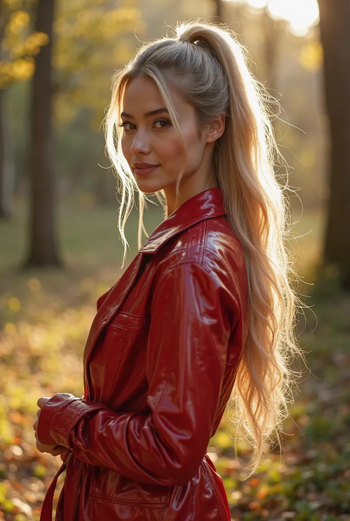 a beautiful scandinavian model fully visible, wearing a short shiny metallic red pvc trench coat, very long straight blonde hair, with a lush curly blonde mane standing in a sun-kissed clearing. With an inviting smile, she looks directly at you, her lips s...