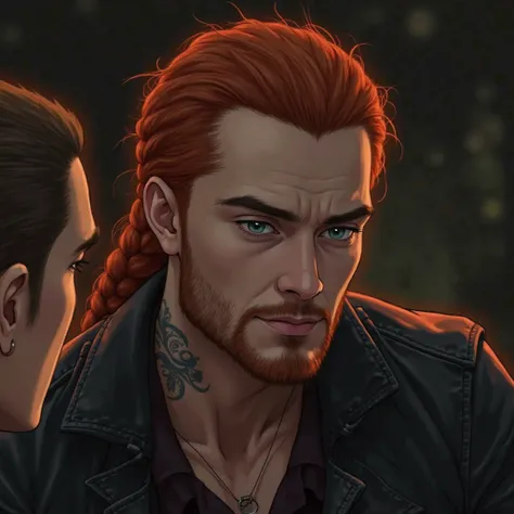 A red-haired man with a daetrock braid, Handsome, sharp, dark-browed , , had a tattoo on his face and wearing a leather shirt, a glowing aura, gazed at the man looking confidently, blue-eyed., half-body image, high resolution, best quality,  Details, high ...