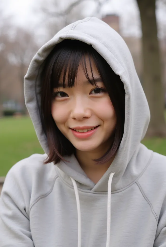 young Japanese woman, 30th Generation,  New York Central Park , short bob, slender, 4K, 8K medium , high definition, beautiful woman under hoodie, beautiful eyes,  simple, high definition,  alone, beautiful skin, beautiful skin, smile, relax,  nipples are ...