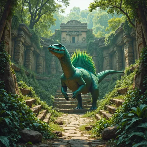 An ancient Aztec amphitheater, weathered by time, nestled deep within a lush jungle. Towering stone steps encircle the grand stage, adorned with intricate carvings of forgotten deities and sacred symbols. Vines and moss creep over the ruins, reclaiming the...