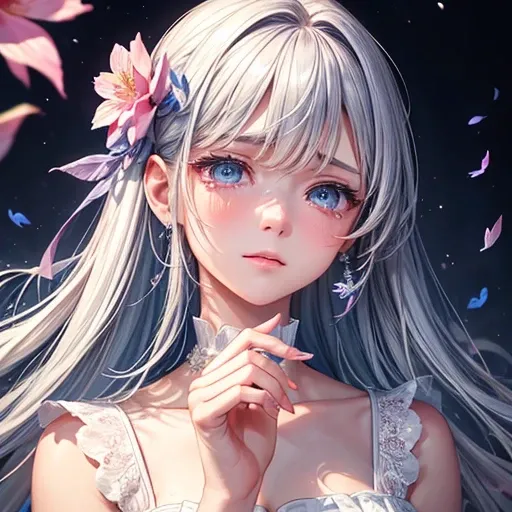  masterpiece, (TOP QUALITY), (( most detailed)), description border depth, sheds tears、beautiful girl,  beautiful face,   night , Silver Hair, blunt bang, blue eyes,Tears on pink cheeks、uniform, Spirit, flower,  colorful landscape, flower,  butterfly, Glow...