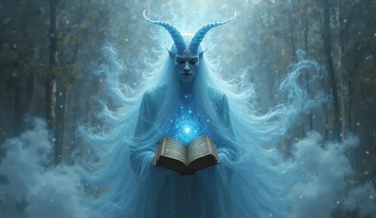 An ethereal blue jinn emerging from swirling smoke, holding an ancient book with Quranic verses