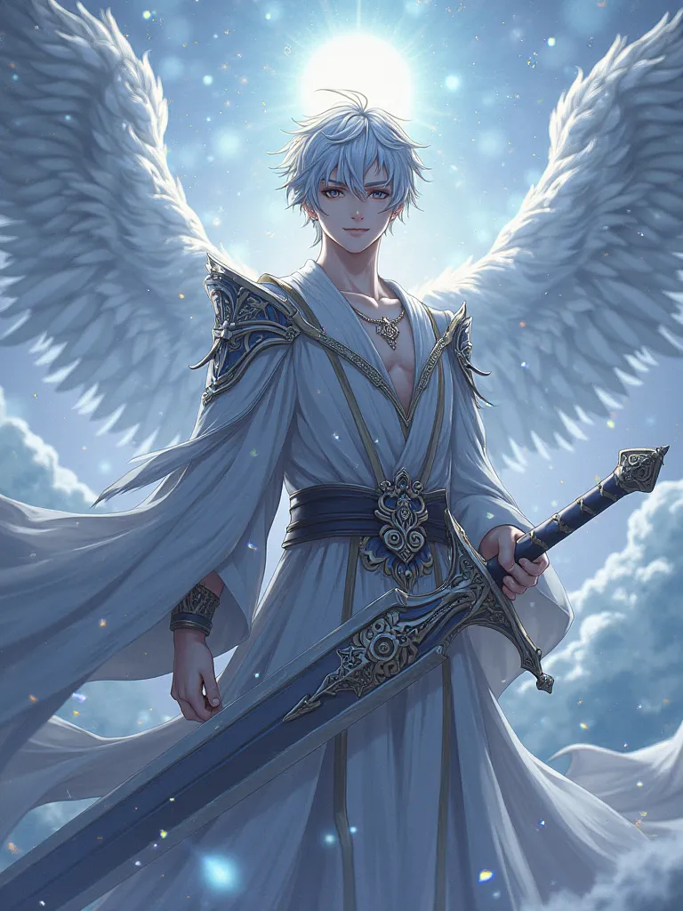 male anime character, grey hair, calm black eyes, grey robe, armored, soft smile, 8K Resolution, masterpiece, large divine sword