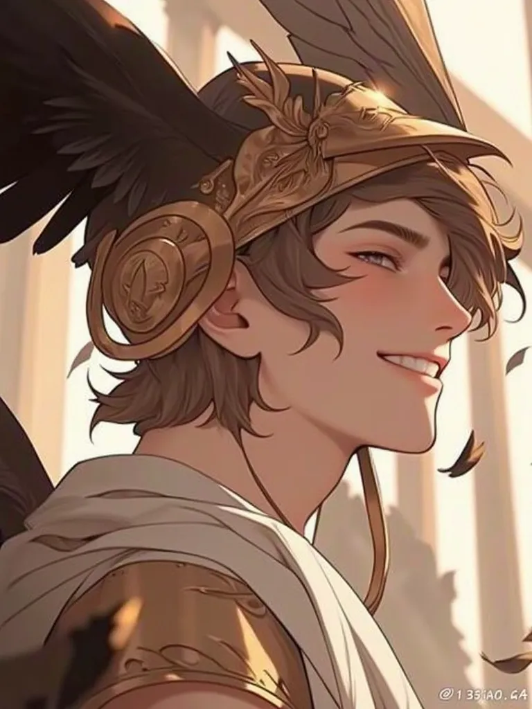 Pretty boy god of message Hermes close up with wings on head and helmet