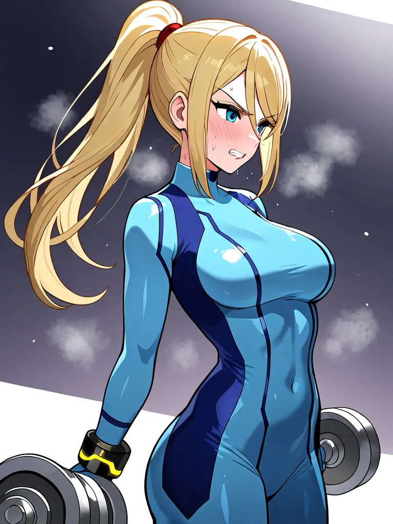  zero suit Samus　blonde ponytail standing　I'm training with big dumbbells　 desperate expressions　 is being harshly acted by the man behind him clenching his teeth 　sweat　Steaming　A futuristic gym