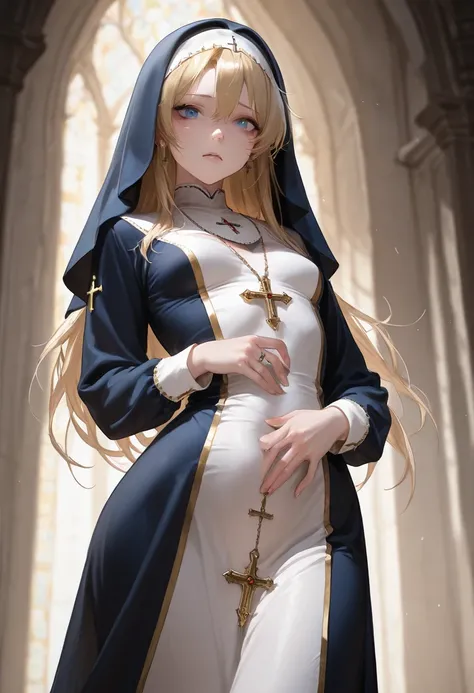 a beautiful woman with long gold hair, in a nun's dress, with piercing blue eyes, highly detailed, masterpiece, 8k, best quality, small breasts, 15 yers old