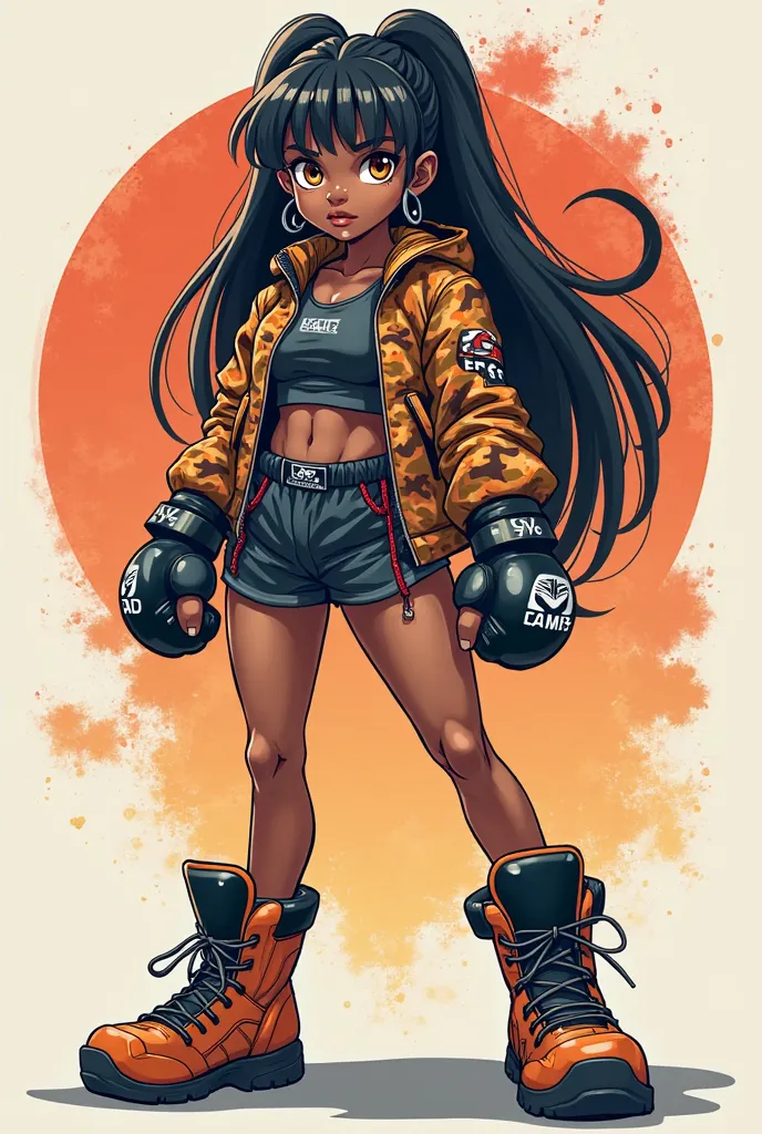 A cartoonish anime style girl with dark skin, golden eyes, long straight black hair, gym shorts, camo jacket, boots with full body MMA gloves