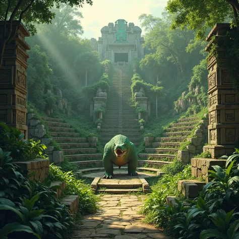 An ancient Aztec amphitheater, weathered by time, nestled deep within a lush jungle. Towering stone steps encircle the grand stage, adorned with intricate carvings of forgotten deities and sacred symbols. Vines and moss creep over the ruins, reclaiming the...