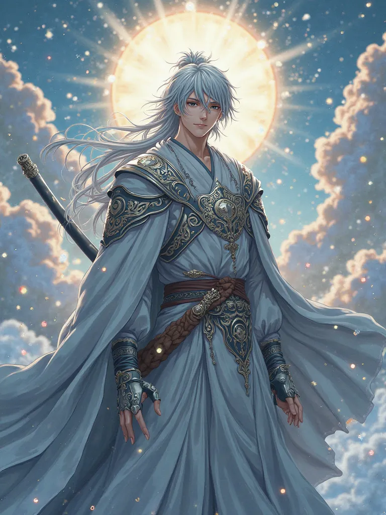 male anime character, grey hair, calm black eyes, grey robe, armored, soft smile, 8K Resolution, masterpiece, large divine sword