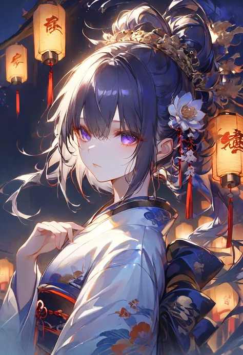 Hairstyle with hidden eyes。one girl。 kimono。dark atmosphere。night。background with lots of lanterns。