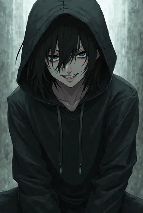 Black hair black hodie black pant creepy smile anime serial killer 