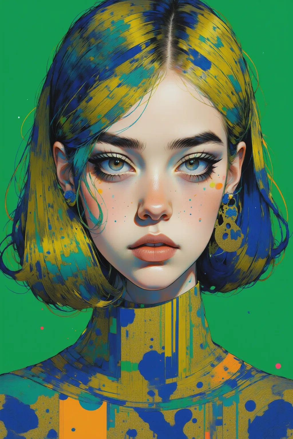 Short-haired women and long-haired women,emerald green background painting , Tristan Eaton , Tristan Eaton  & Greg Rutkowski,James Gilliard and James Jean, James Jean Softlight 4K , Tristan Eaton 's wallpaper,2 Person Photo ,Multilayered Artwork ,3d portra...