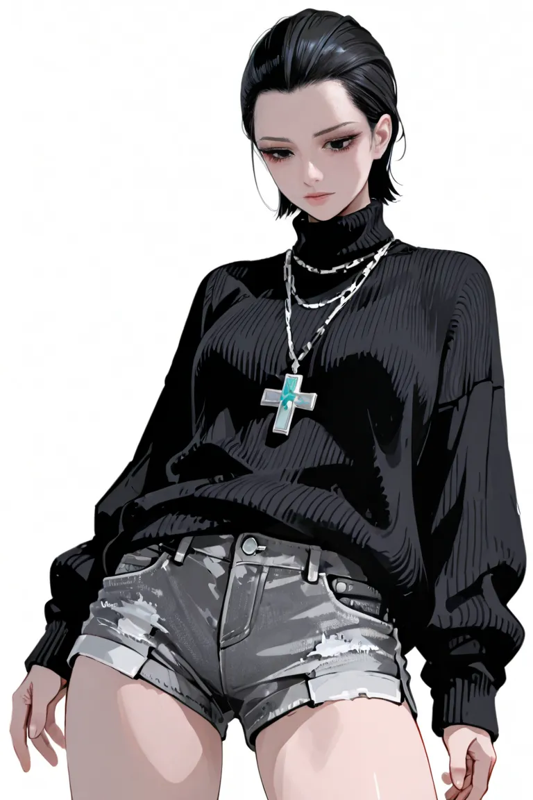 woman with average build. black short hair pulled back tightly. black eyes look down. black turtleneck sweater. silver cross on the neck. silver necklace in the form of a chain. very short black fabric shorts. elegant pose. bottom view. white background wi...