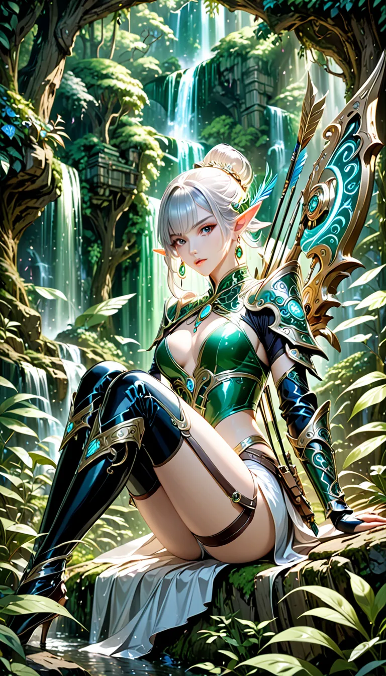 Solo, Elf woman, 27yo, seductive elf hunter, (image is covering head to knee), whole body, dynamic posture, dynamic shot, perfect lighting, detailed sexy perfect face,  detailed eyes, detailed lips, attractive medium breasts, (pearl white skin:1.1), (high ...