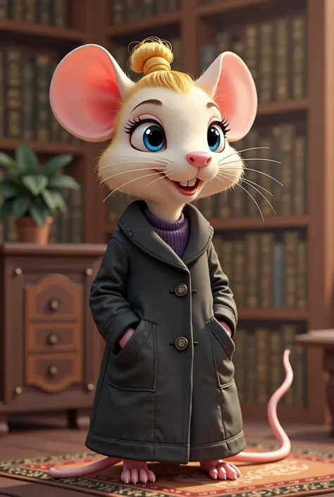 A cute female cartoon rat, dressed in a black coat, blond hair, blue eyes, Gala bun,  in a library 