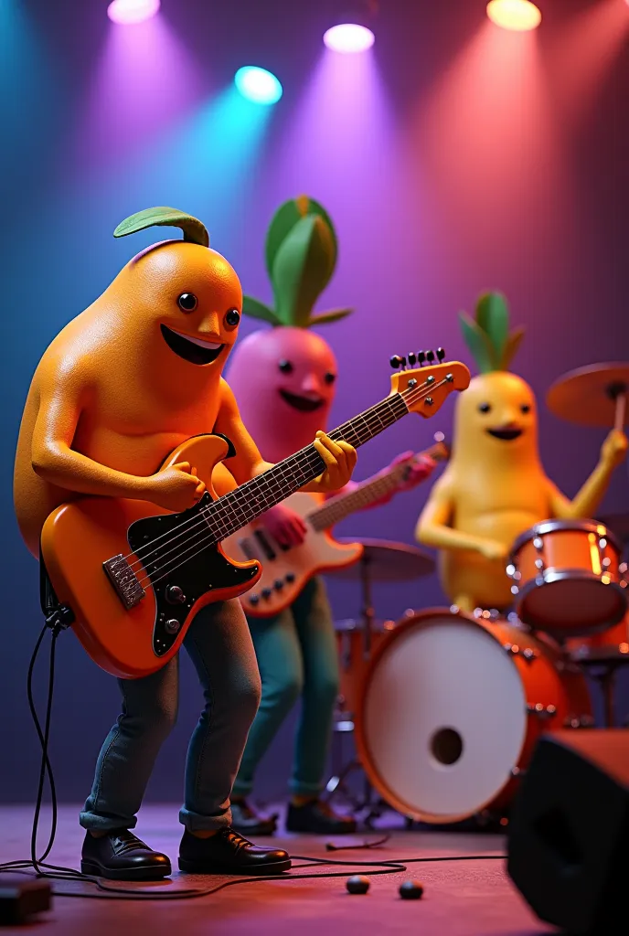 "The fruity band comes to life as they start playing their instruments. The guitarist (orange) leans forward, fully immersed in the music, strumming the guitar passionately. The vocalist (apple) grips the microphone tightly, preparing to sing. The keyboard...