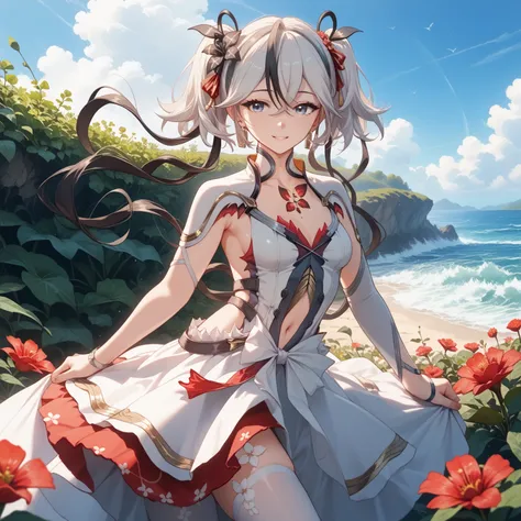 camellya_(wuthering_waves), long hair, twisted hair, blue eyes, twintails, white hair, black streaks, hair flower, dress, white dress, jewelry , light smile, navel cutout, clothing cutout, flower thighhigh, white thighhigh, Flower field, glossy skin, glist...