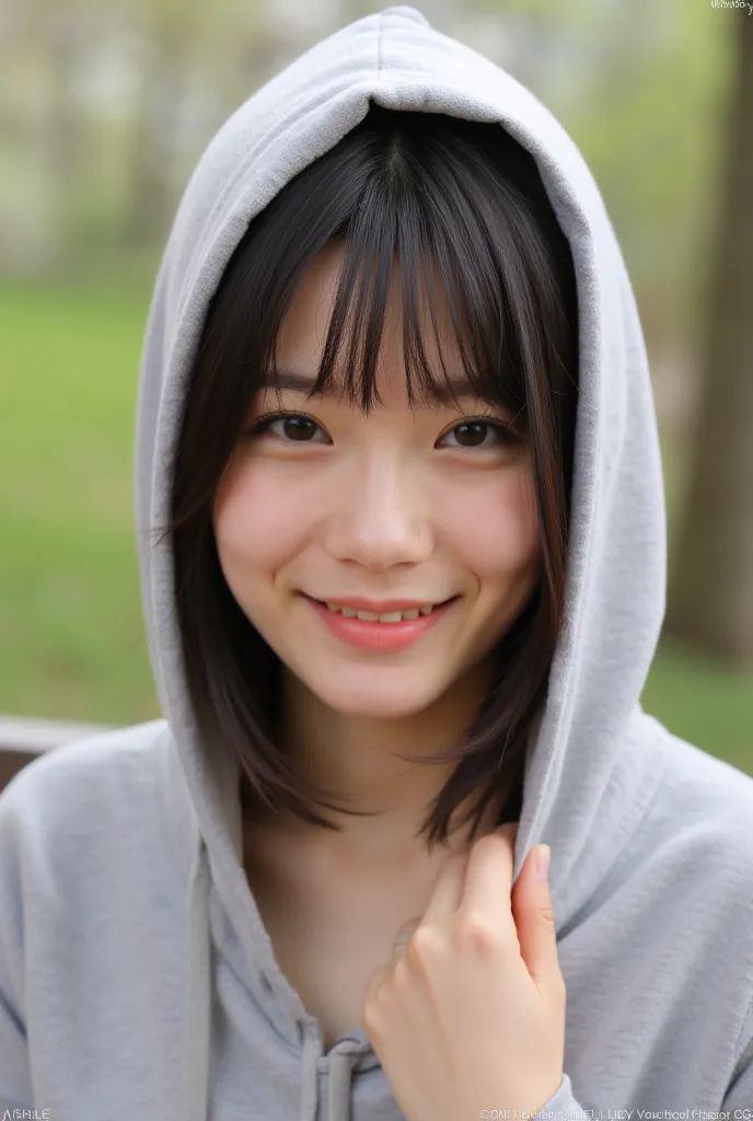 young Japanese woman, 30th Generation,  New York Central Park , short bob, slender, 4K, 8K medium , high definition, beautiful woman under hoodie, beautiful eyes,  simple, high definition,  alone, beautiful skin, beautiful skin, smile, relax,  nipples are ...