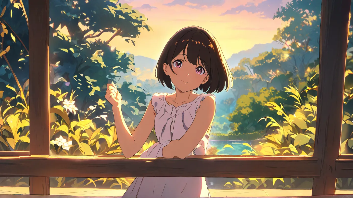 kitten、A woman petting a cat、cute、 kind、Smiling girl, solo, big breasts,  Hair,  Shoulder Hair , Cats seem to feel good too、countryside、evening、 anime style