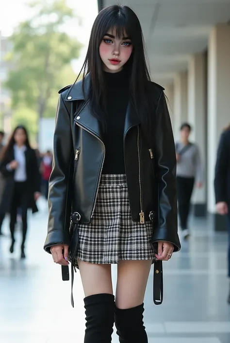 Model Magazine, ulzzang, a  girl with long black hair and bangs wearing a short black plaid skirt and a black mini  Leatherjacket wearing high heel boots , Campus background