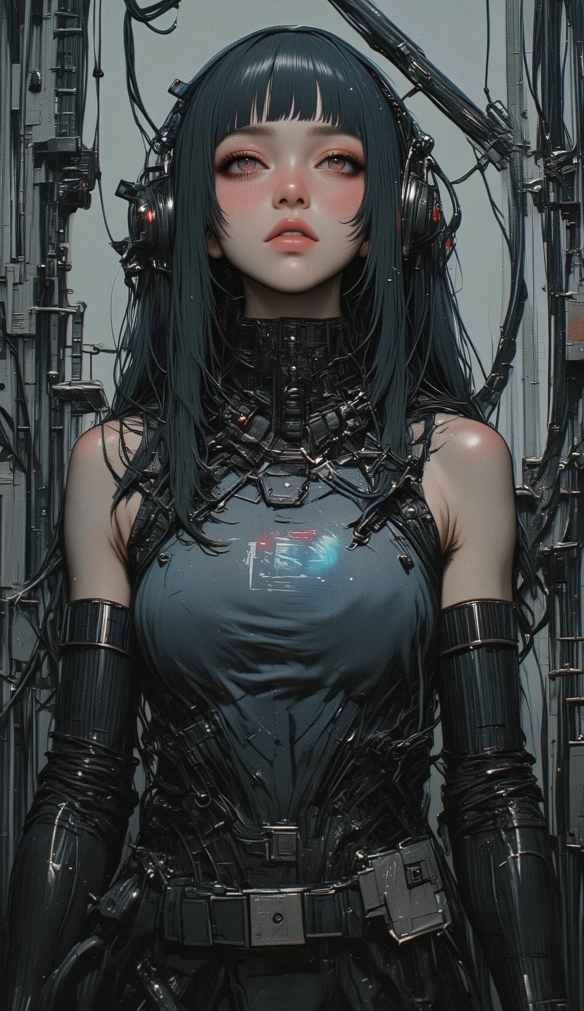 Arab woman standing in front of a machine with lots of wires,  cyberpunk art inspired by Leng Mei,  Unsplash , Neo-Dada, Biopunk futuristic costume ,  Cyberpunk Style Outfits,  cyberpunk costume , Cyberpunk 20. Model Girl, portrait of a mechanical girl,  g...