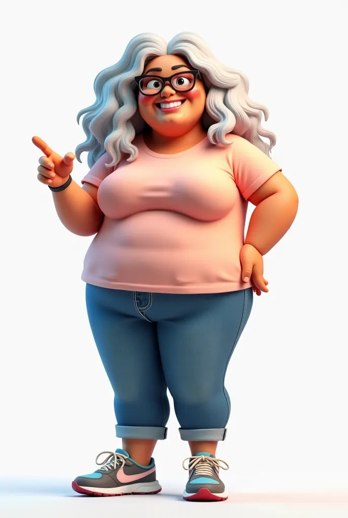 3d cartoon image of 45 year old curvy female, looking in camera, pointing to me, long white curly hair, looking impatient, jeans, runners and t-shirt, no background