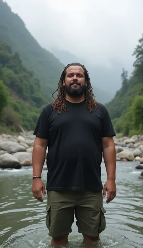 front face,  Fat man , clean face ,very long straight hair unraveled, wears a plain black t-shirt and cargo shorts, water play in a shallow river with natural rocks and very clear water , background of mountainous valley and thick fog enveloping the valley...