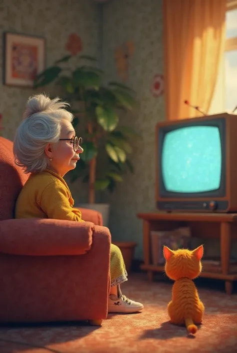 In cinematic 3D style, HD image , realistic image ,colourful image.
Character,  an old grandmother and a orange kitten 
An old grandmother watching television with the kitten sitting at the sofa
Background, at the living room