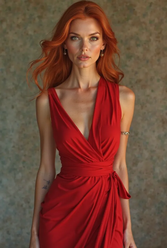  woman 40 years old , hair red , red dress, black shoes, green eyes.