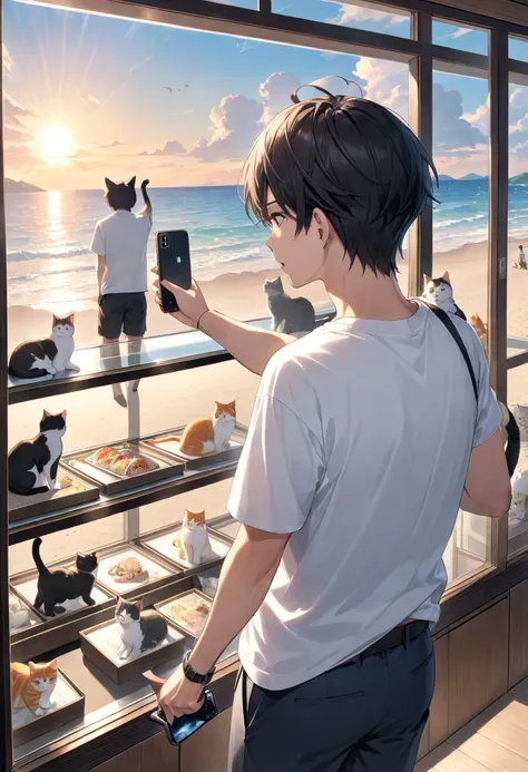 Japanese man wearing a white t-shirt ,  beach、(  and sees a man's back 、I see a cat、 He holds a phone in his hand 、 pointing at the display case .(It's as if I'm taking pictures of cats with my cell phone camera).
