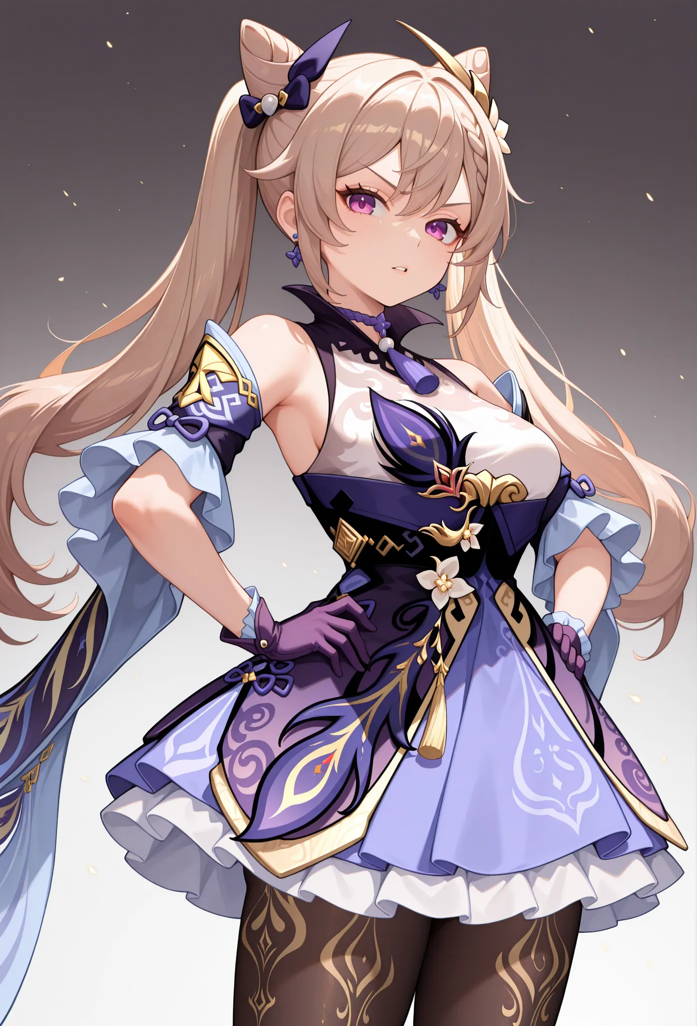 masterpiece, best quality, absurdres, highres, newest, 1girl, solo,   kqngdf, purple eyes, blonde hair, long hair, twintails, double bun, cone hair bun, braid, hair between eyes, hair ornament, medium breasts, purple choker, neck tassel, purple dress, fril...