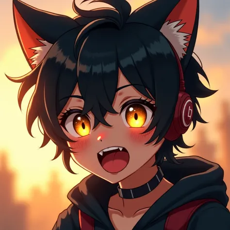  one boy in airspace, high definition,  black hair, golden eyes, stick out your tongue, stupid hair,  cat ear headphones,  vertical pupil /Cat&#39;s Eyes, has sharp fangs, sling,  and laugh, 