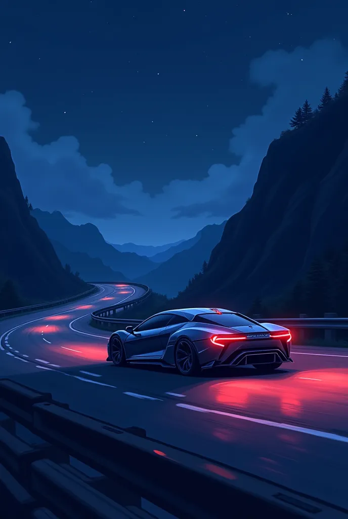 Draw an anime-style illustration of a small car driving on the highway in the middle of the night from the side