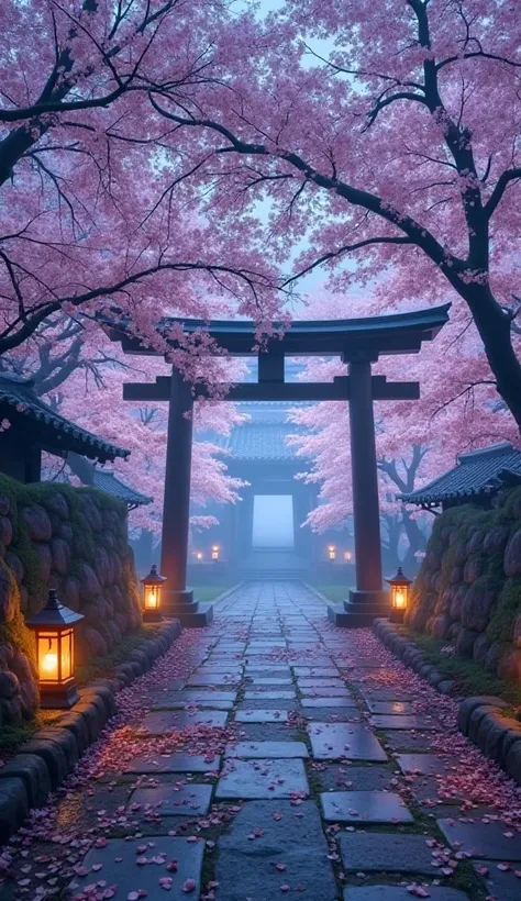 A serene shrine in Kyoto, enveloped in the stillness of the night. Cherry blossoms in full bloom glow with an ethereal purple and blue light, creating a dreamlike ambiance. Stone-paved paths lined with lanterns cast a gentle flickering glow. Beyond the tor...