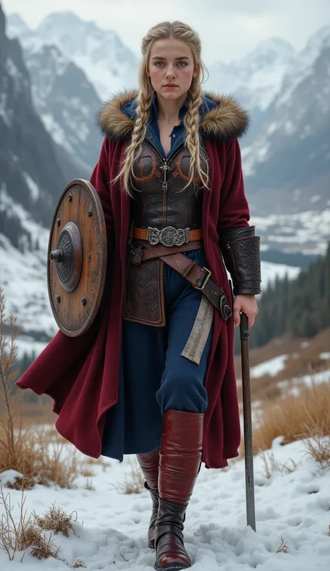 A stunning 20-year-old Norwegian assassin from the 13th century strides forward with silent determination,sexy, big boobs, embodying both elegance and deadly precision. Her piercing blue eyes hold a calculating gaze, framed by long blonde hair intricately ...