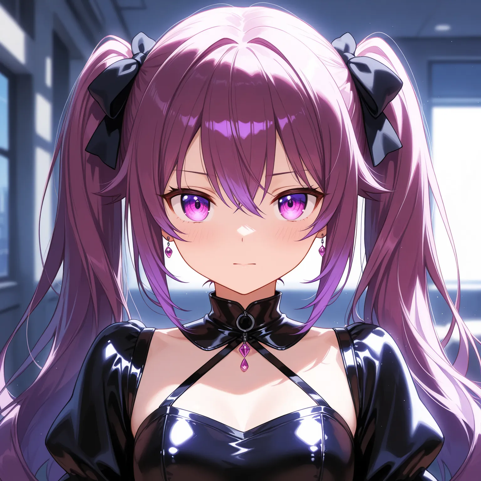 1 young beautiful woman, solo, (incredible high resolution, masterpiece, top quality, highly detailed, CG, high quality anime drawing), (purple hair, twin tails, gothic style latex dress in black and red: 1.4, black ribbon, black tights), (purple eyes, cra...