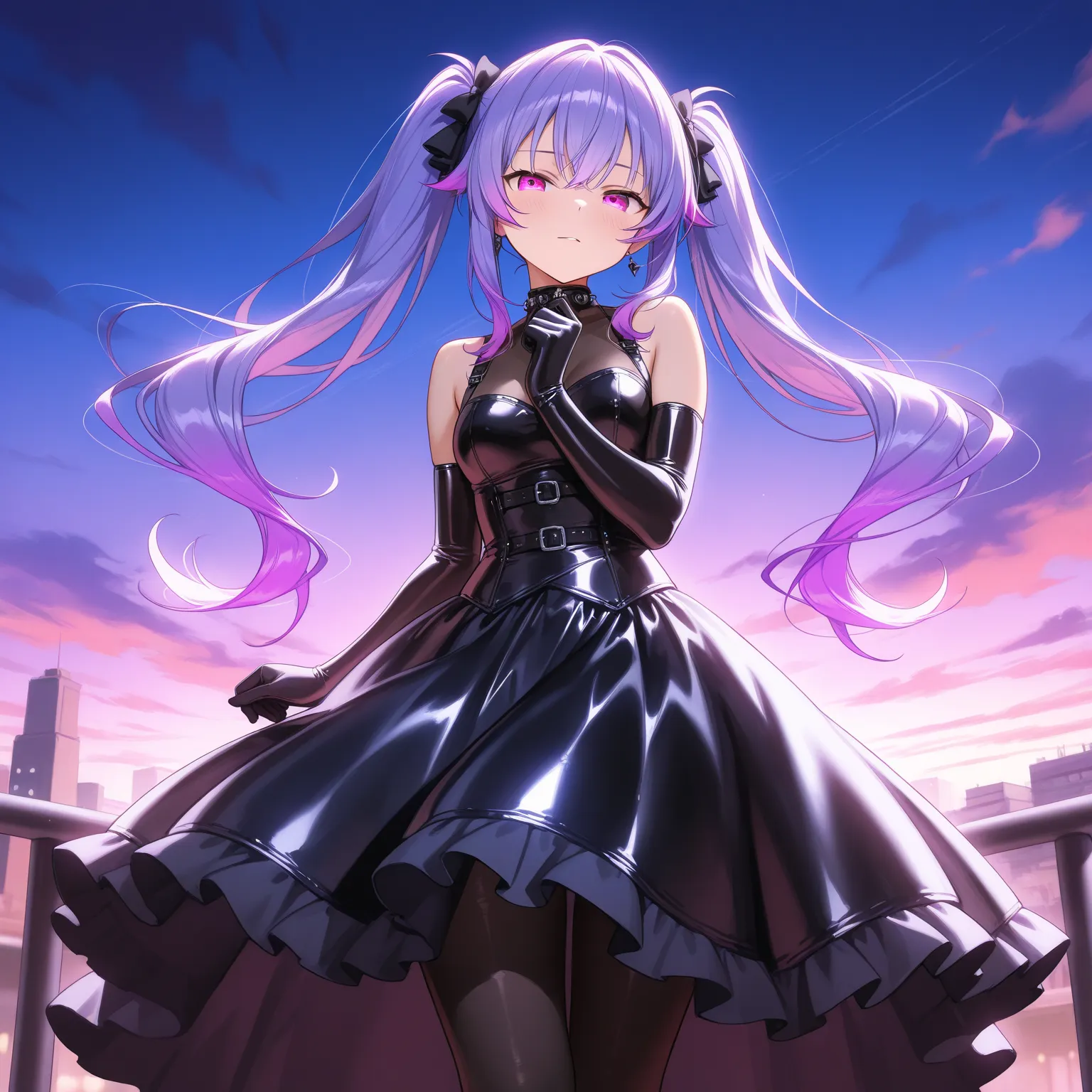 1 young beautiful woman, solo, (incredible high resolution, masterpiece, top quality, highly detailed, CG, high quality anime drawing), (purple hair, twin tails, gothic style latex dress in black and red: 1.4, black ribbon, black tights), (purple eyes, cra...