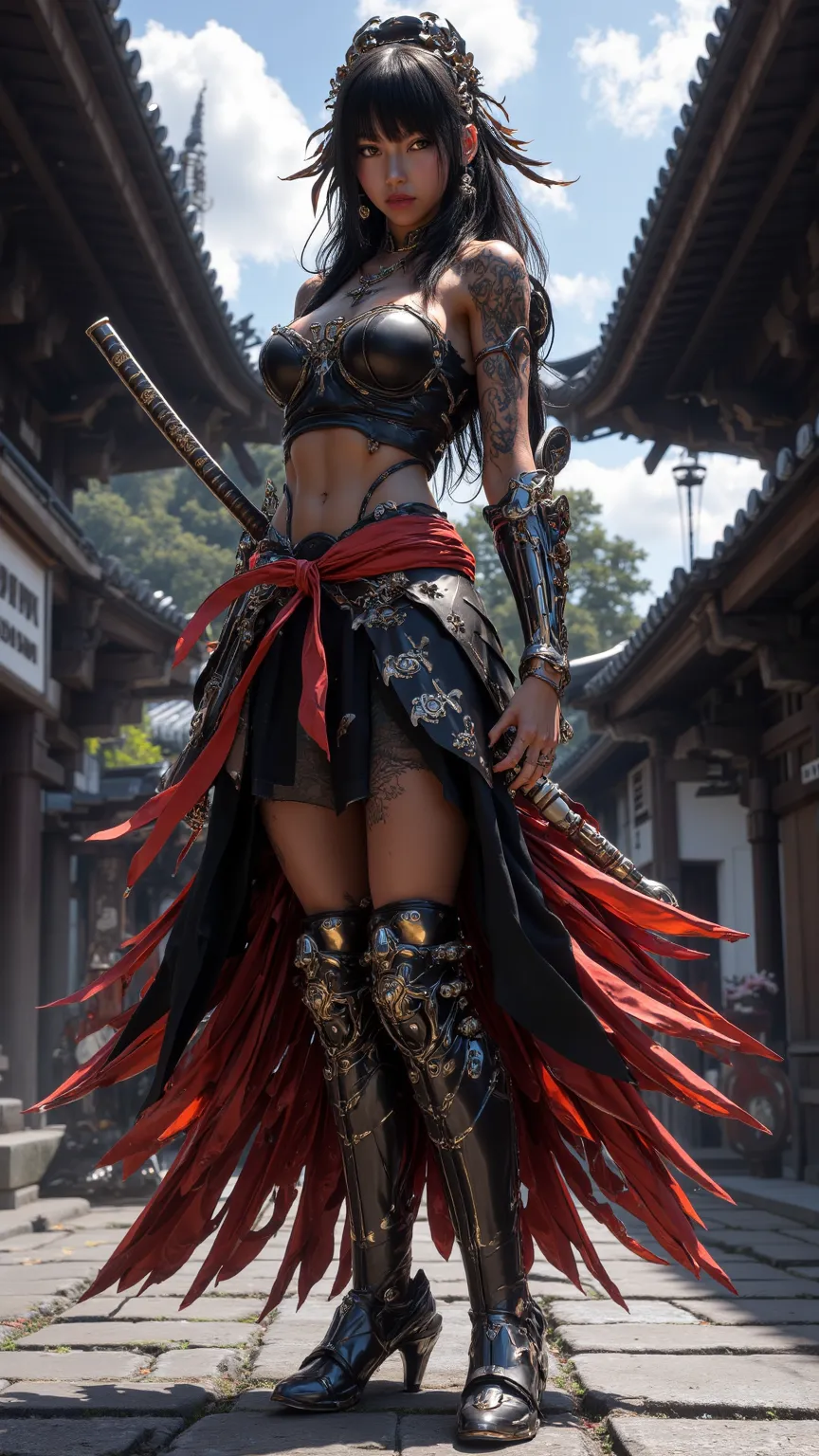 A powerful gyaru samurai girl with dark skin and tattoos，wearing traditional Japanese clothing and armored boots，Standing with a weapon in a realistic temple，has orange eyes and very ridiculous resolution。從下方往上看，lens from top to bottom