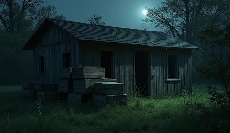 "An old, weathered wooden shed, located in a large garden at night. In front of the shed, several dusty wooden crates are stacked haphazardly. The grass in the garden is tall and slightly illuminated by the moon, creating a mysterious atmosphere. Trees in ...