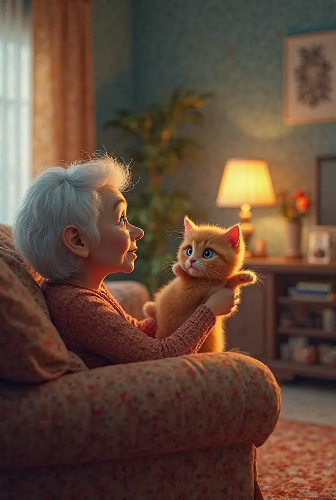 In cinematic 3D style, HD image , realistic image ,colourful image.
Character,  an old grandmother and a orange kitten 
An old grandmother holding the kitten watching television sitting at the sofa
Background, at the living room