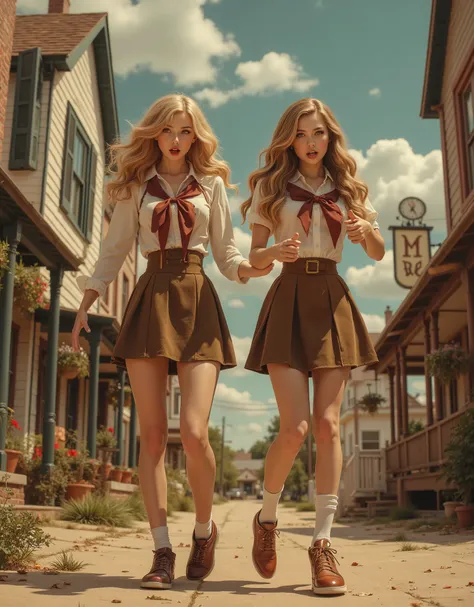 two cute and sexy high-school girls, innocent and charming faces, happy expression, pleated skirts, saddle shoes, looking at the camera and shouting: "STROKE IT BOOMER!", vinatge small town background, Norman Rockwell aesthetic, retro America, classic pinu...