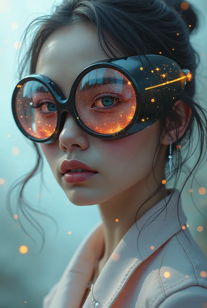 The model is wearing glass sunglasses with stars and the moon on the glass