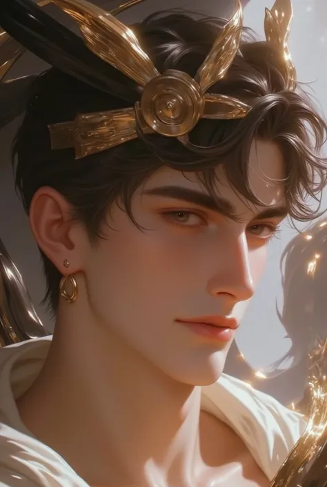 Pretty boy greek god of message Hermes close up wings on head and helmet