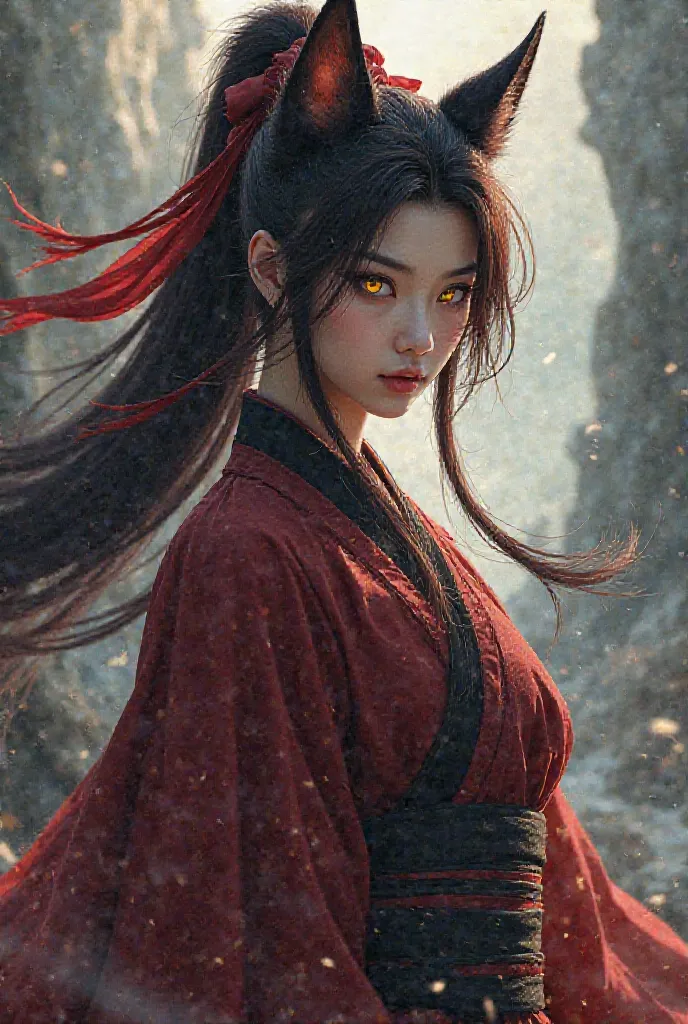 The Wolf Guy (Ancient China). dark red long hair tied in a ponytail with a red ribbon.  wolf ears and tail . Yellow eyes with a gray gradient. Maroon hanfu (combat style )