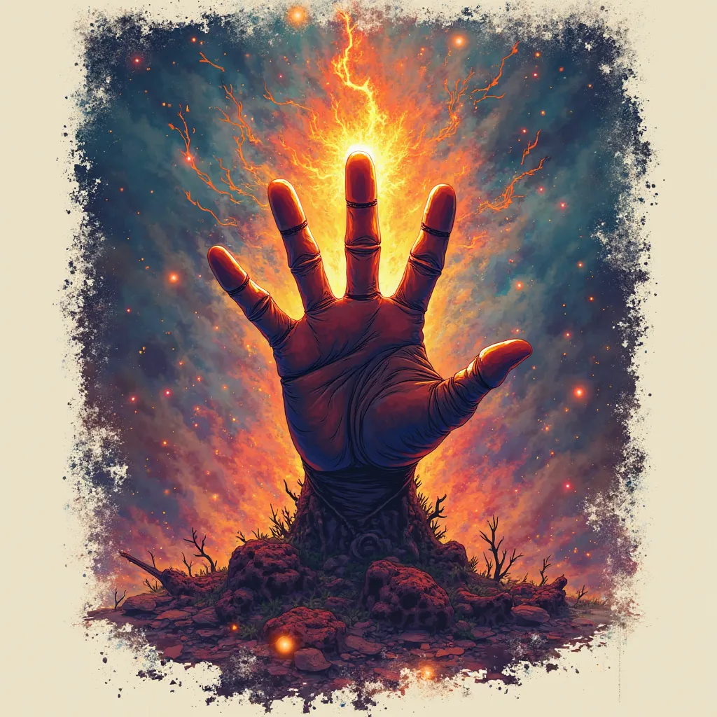 Fantasy Art. For Tshirt Design. 4 fingers symbol. Cant see thumb. Back hand. Tough hand. Colourful tone. Halftone border. Fire burning.